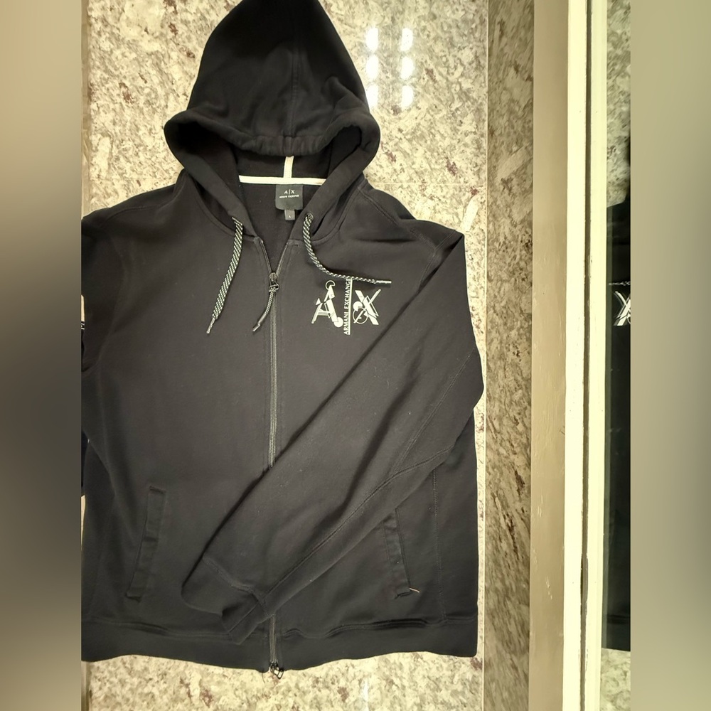 Armani Exchange Black Zip Up Long Sleeve Lightweight Hoodie Sweatshirt L